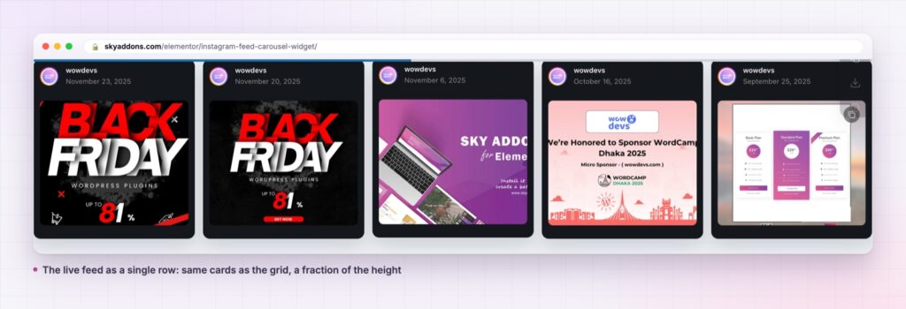 Instagram feed carousel showing live posts as a row of cards