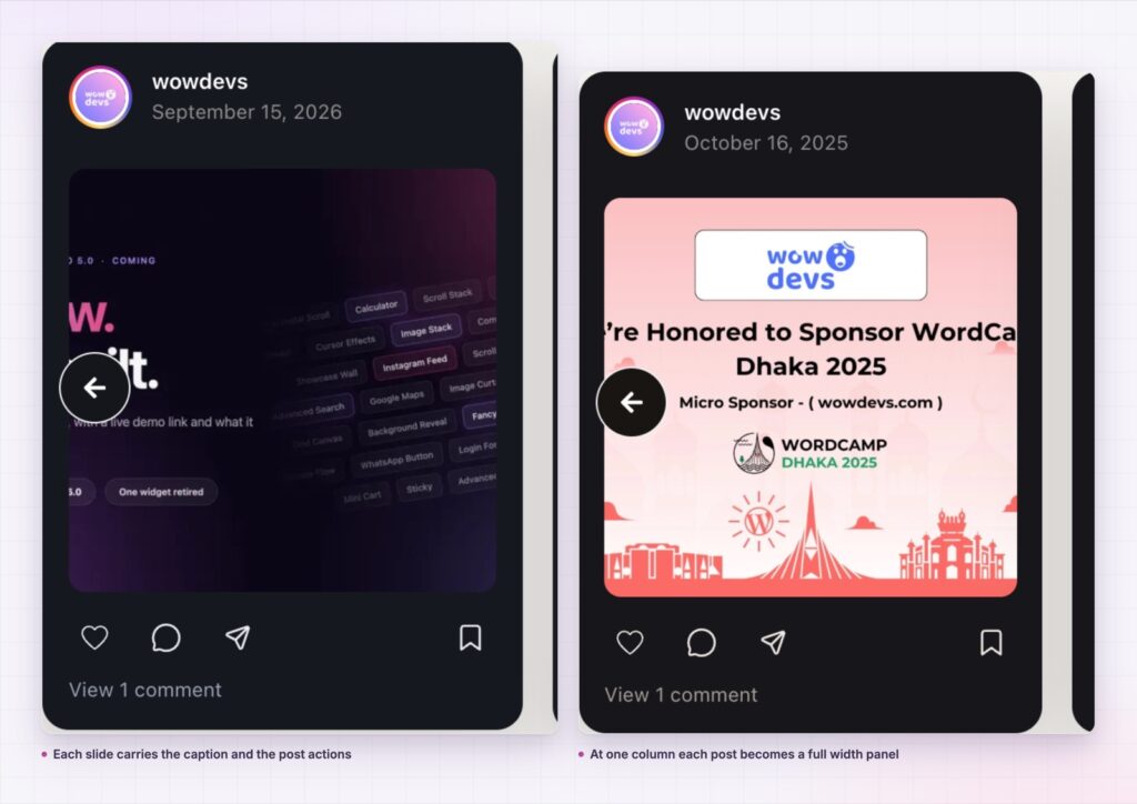 Instagram feed carousel cards with captions and actions