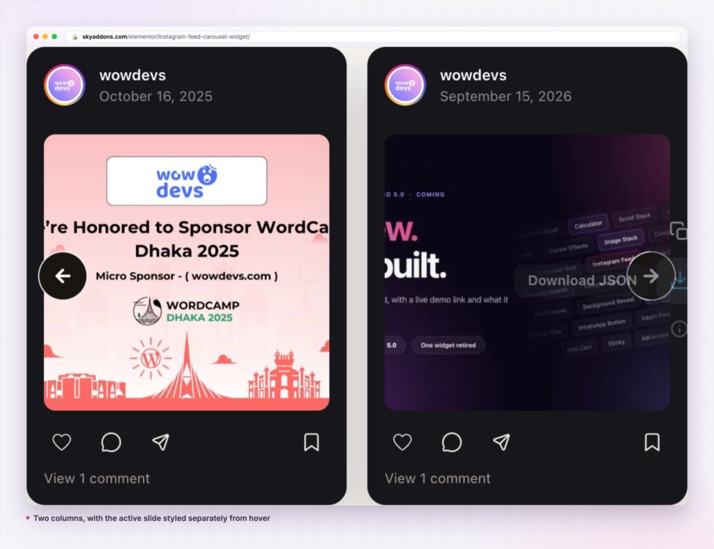 Instagram feed carousel at a wider column setting