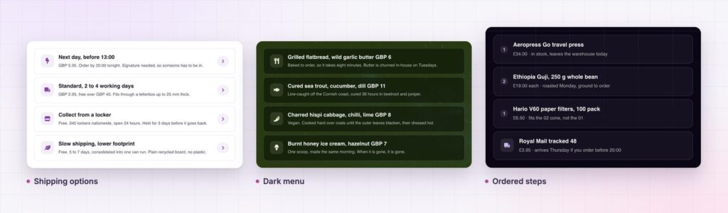 List group examples: shipping options, a dark menu and ordered steps