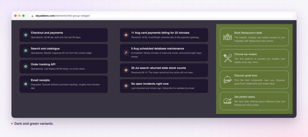 List group on dark and green backgrounds: a status list, an incident feed and an icon menu