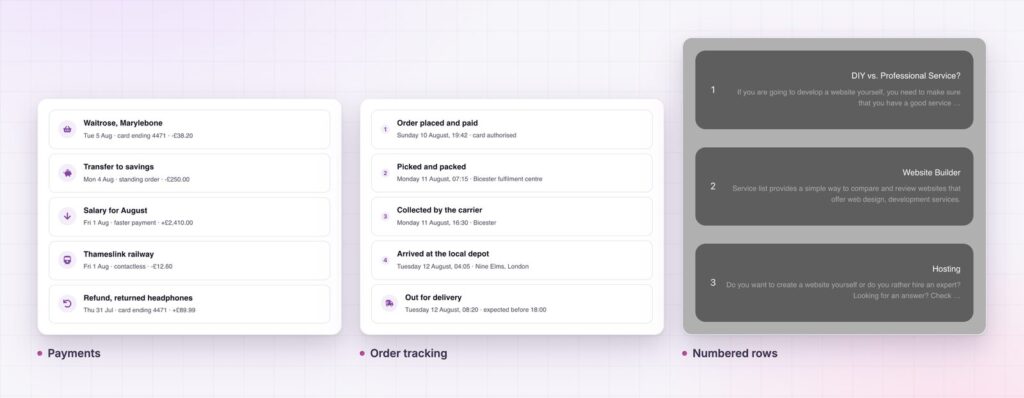 List group variations: payments, order tracking and numbered rows