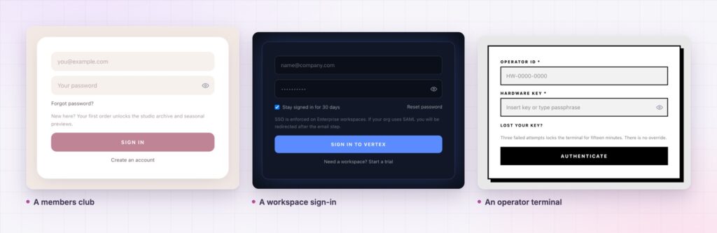 Four Elementor login form designs from the demo page