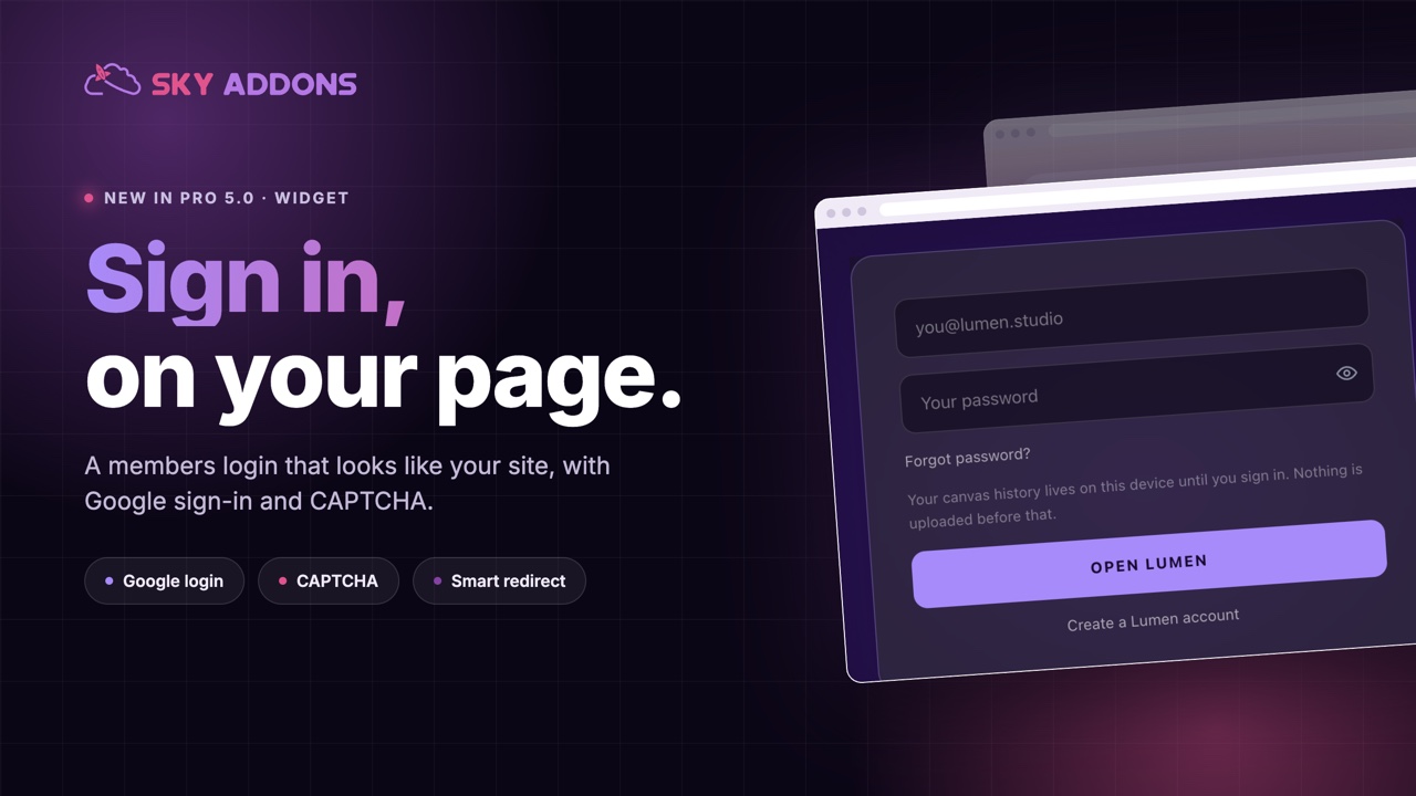 Elementor login form styled as a dark branded sign-in card