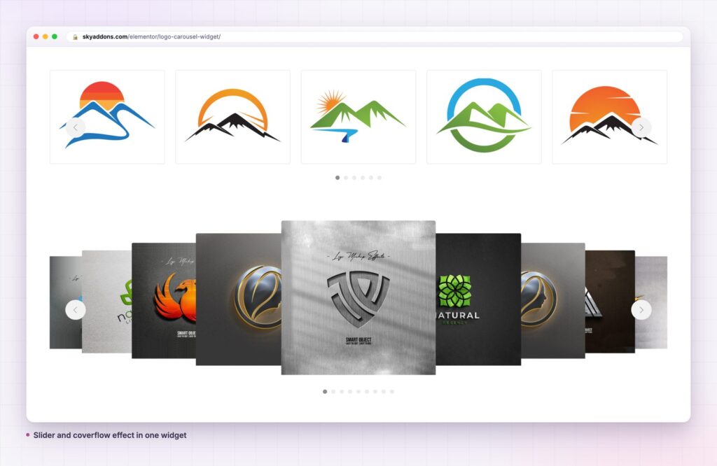 Logo carousel in Elementor: a slider with five logos and a coverflow gallery