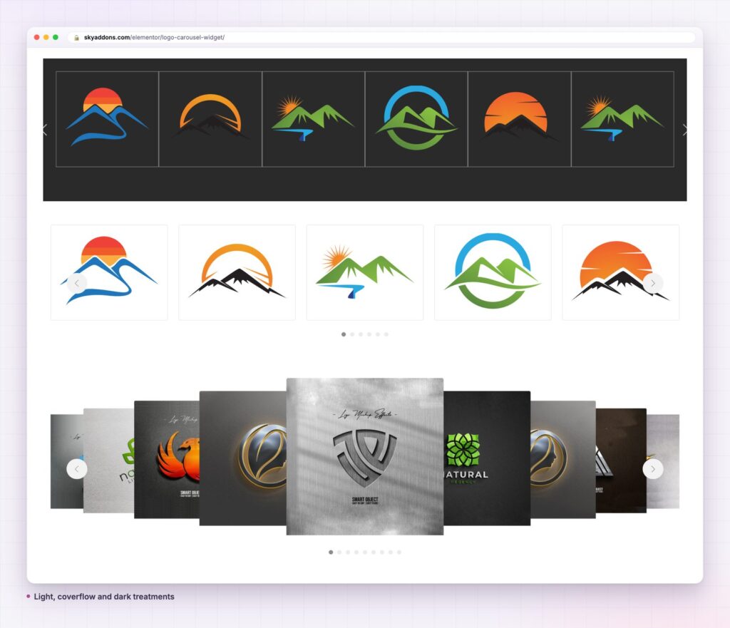 A logo carousel in three treatments: a light slider, a dark strip and a coverflow gallery