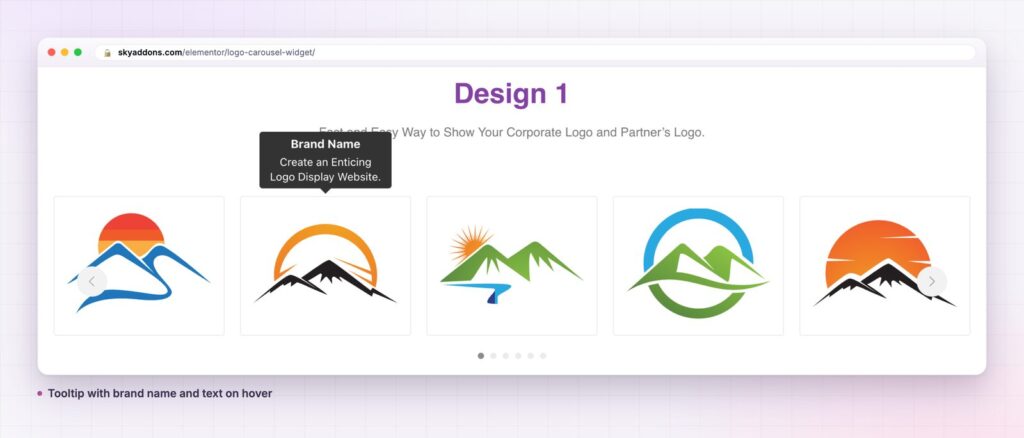 Logo carousel tooltip: brand name and a line of text on hover