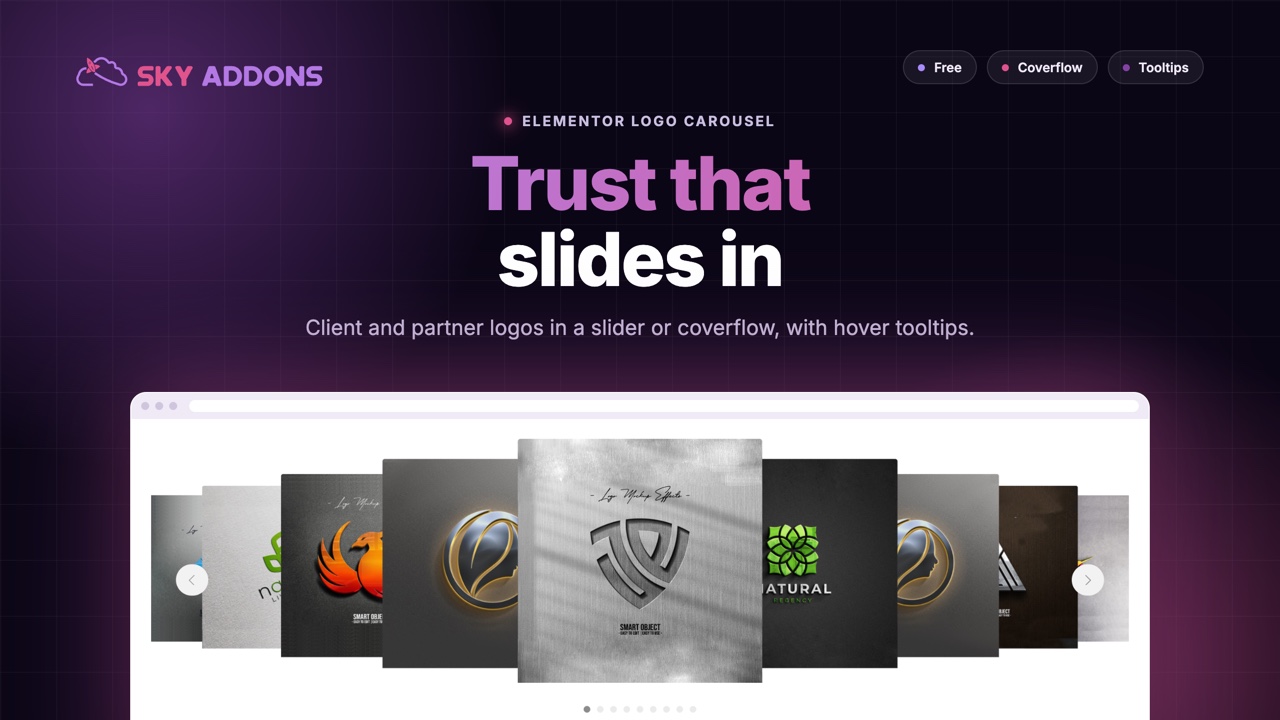 Logo carousel in Elementor: a slider with five logos and a coverflow gallery