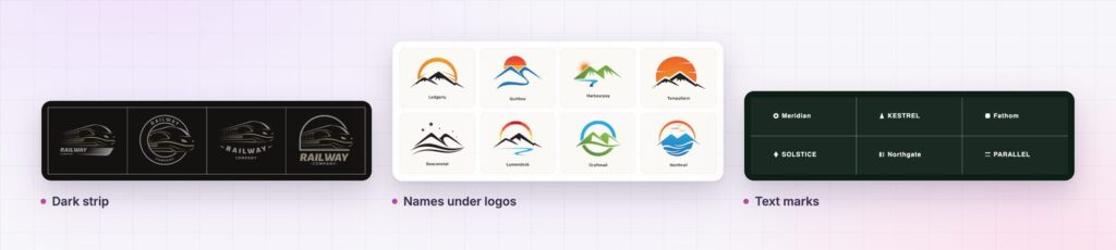Logo grid layouts: a dark strip, names under each logo and text marks