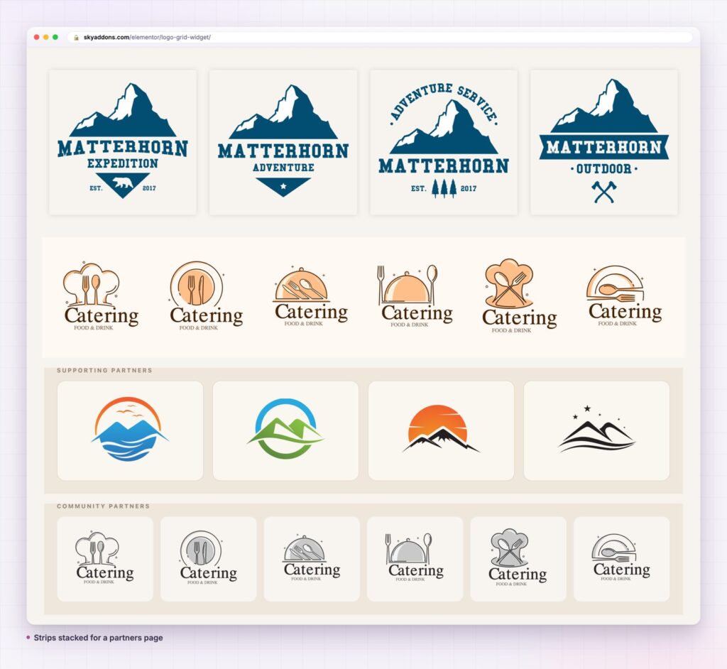Partner logo grids: tiers of supporting and community partners, and catering marks