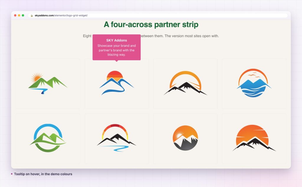 Logo grid tooltips: a pink tooltip with a partner name above a four-across partner strip