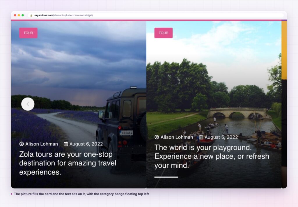 Luster carousel showing full image cards with the title over the picture