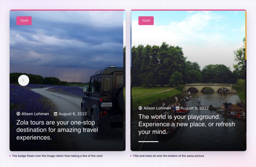 Luster carousel cards with the category badge floating on the image