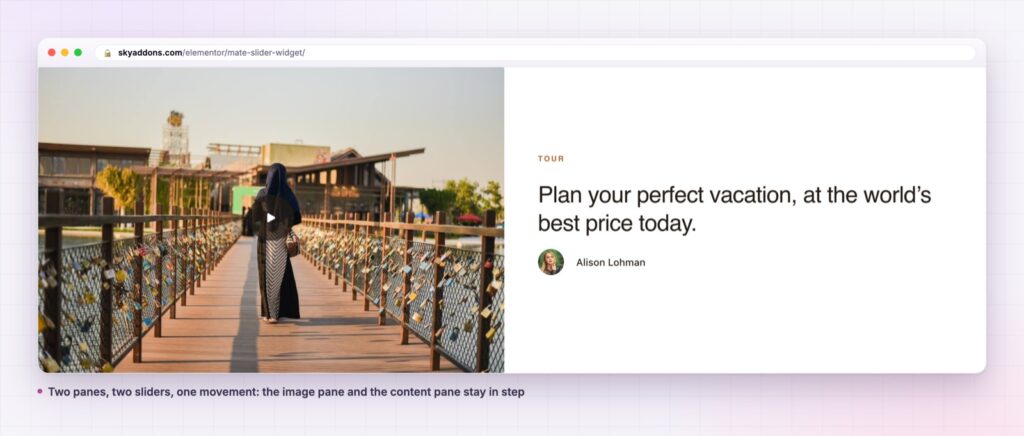 Mate slider showing a full bleed image pane beside a post content pane