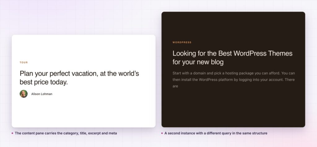 Mate slider content panes carrying the title, excerpt and meta