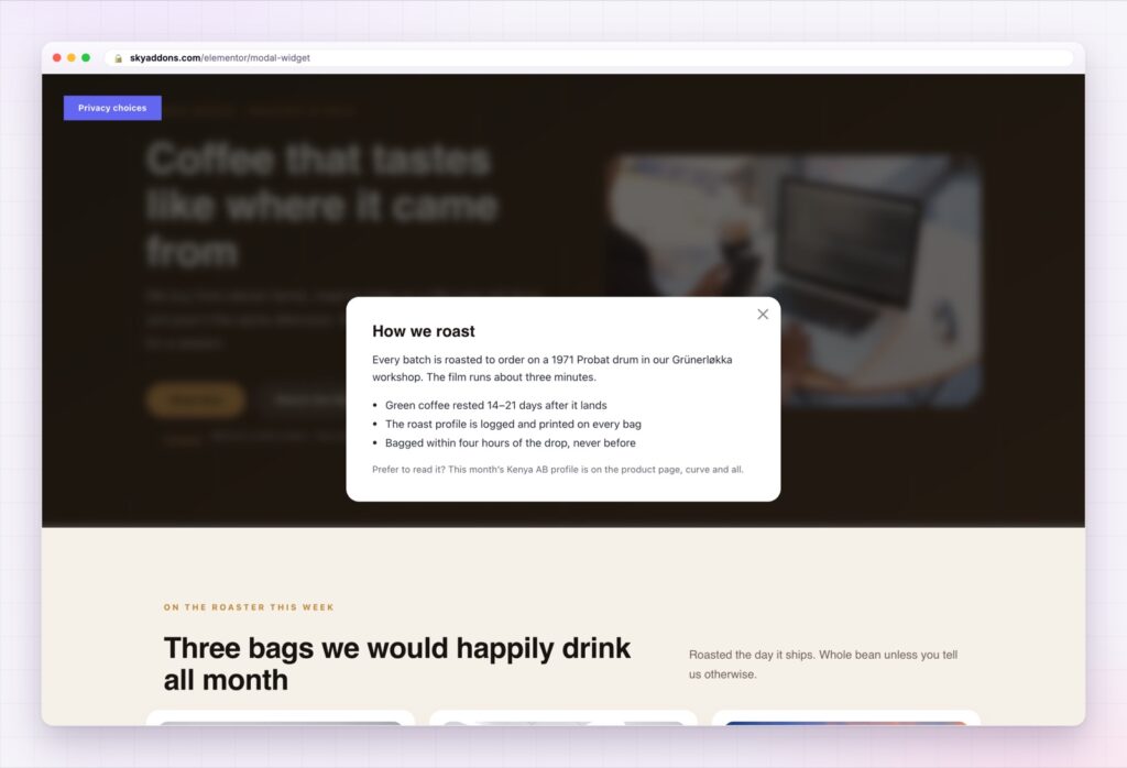 Elementor modal popup open over a page with a close button