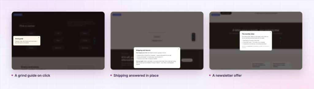 Four Elementor modal popup examples from the demo page