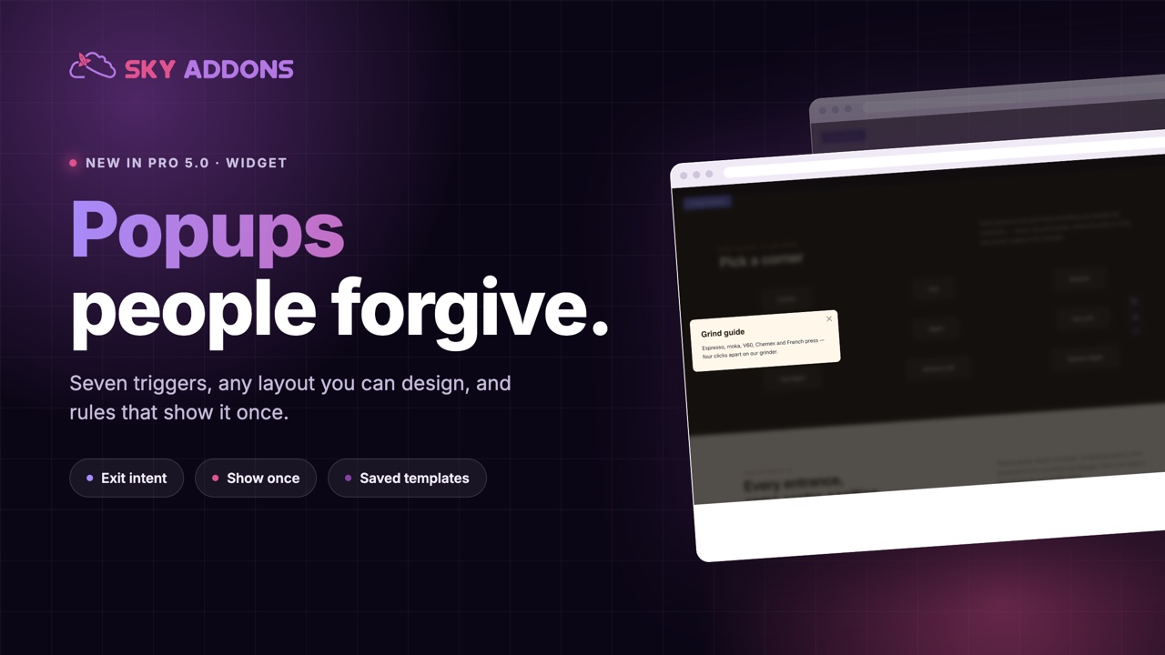 Elementor modal popup open over a page with a close button
