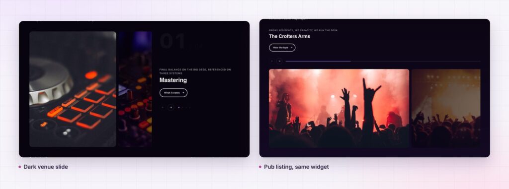 Momentum slider as a dark venue slide and a pub listing