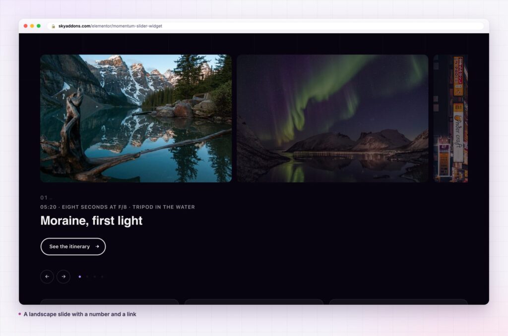 Momentum slider as a landscape slide with a number and a link
