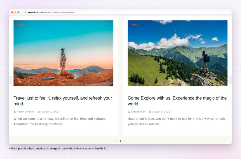 Naive carousel showing horizontal post cards with image beside the text