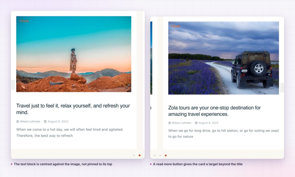 Naive carousel cards with the excerpt and read more button showing