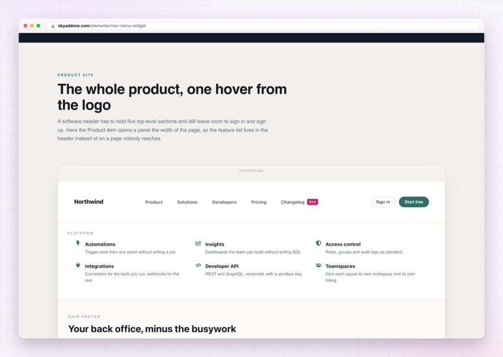 Elementor nav menu with a full width mega menu panel open
