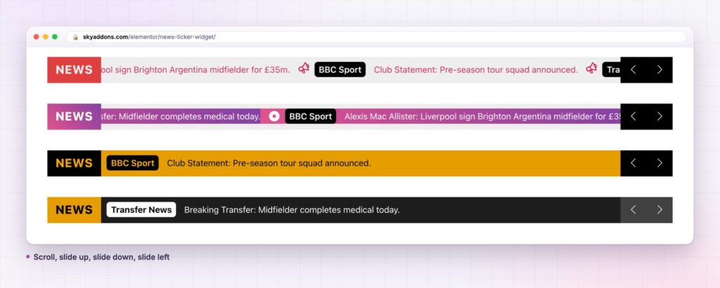 News ticker with Elementor: scroll, slide up, slide down and slide left strips