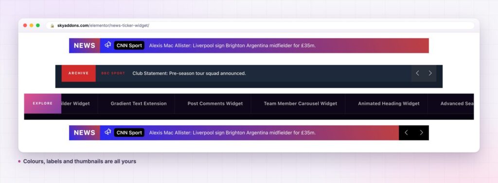 A gradient news ticker, a dark ticker with a label, and a scrolling menu strip
