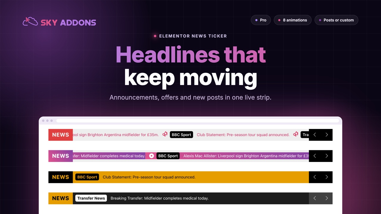 News ticker with Elementor: scroll, slide up, slide down and slide left strips