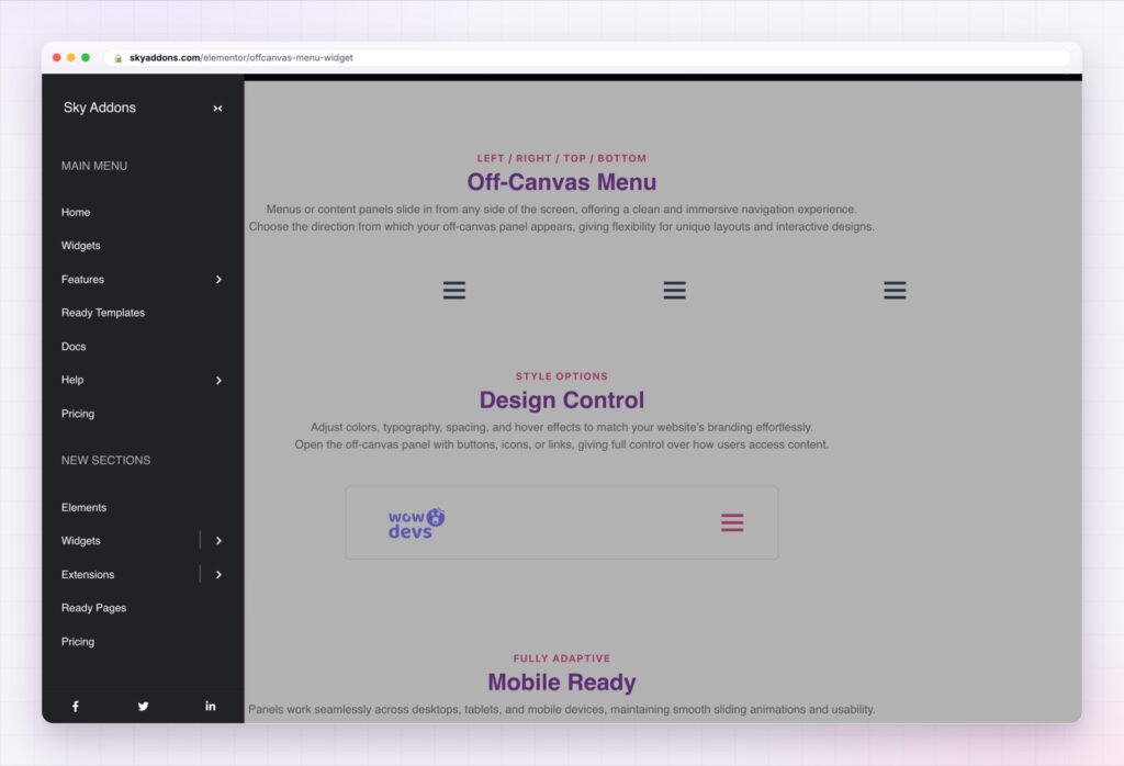 Elementor offcanvas menu sliding in from the left with grouped sections