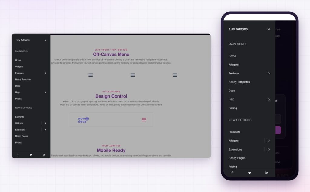 Elementor offcanvas menu on desktop and on a phone