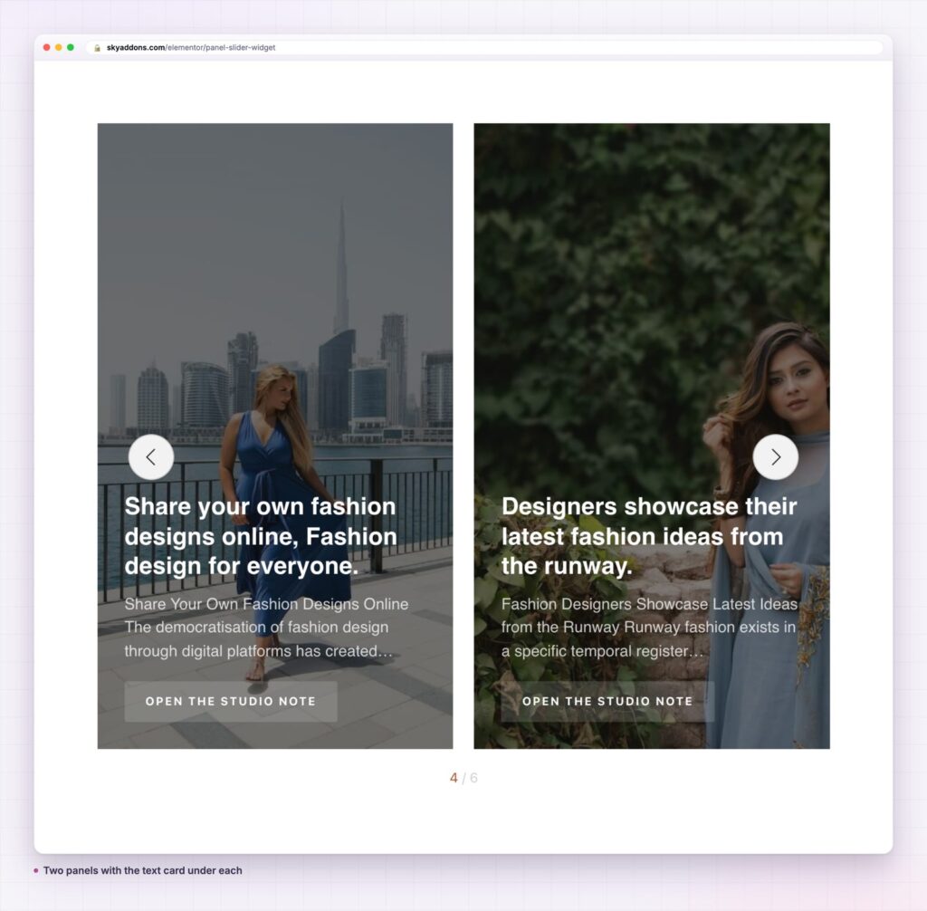 Panel slider with two panels and text cards