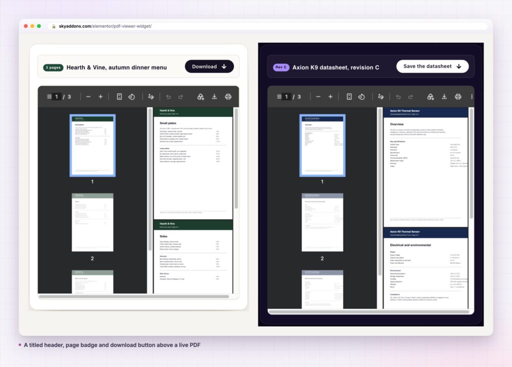 PDF viewer in Elementor: a menu and a datasheet in framed viewers with page badges and download buttons