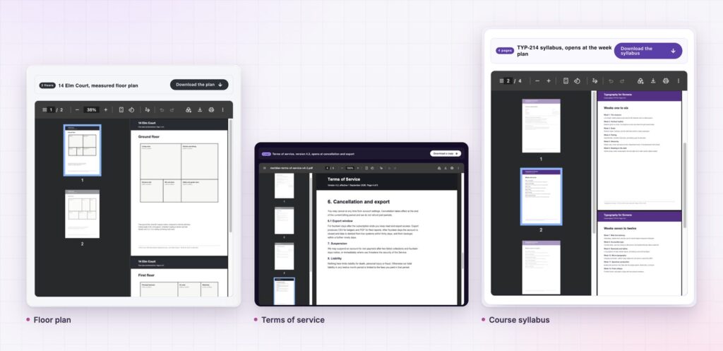 PDF viewer examples: a floor plan, terms of service and a course syllabus