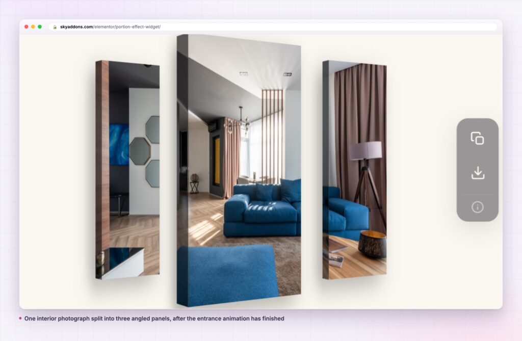 Portion effect splitting an interior photograph into angled panels