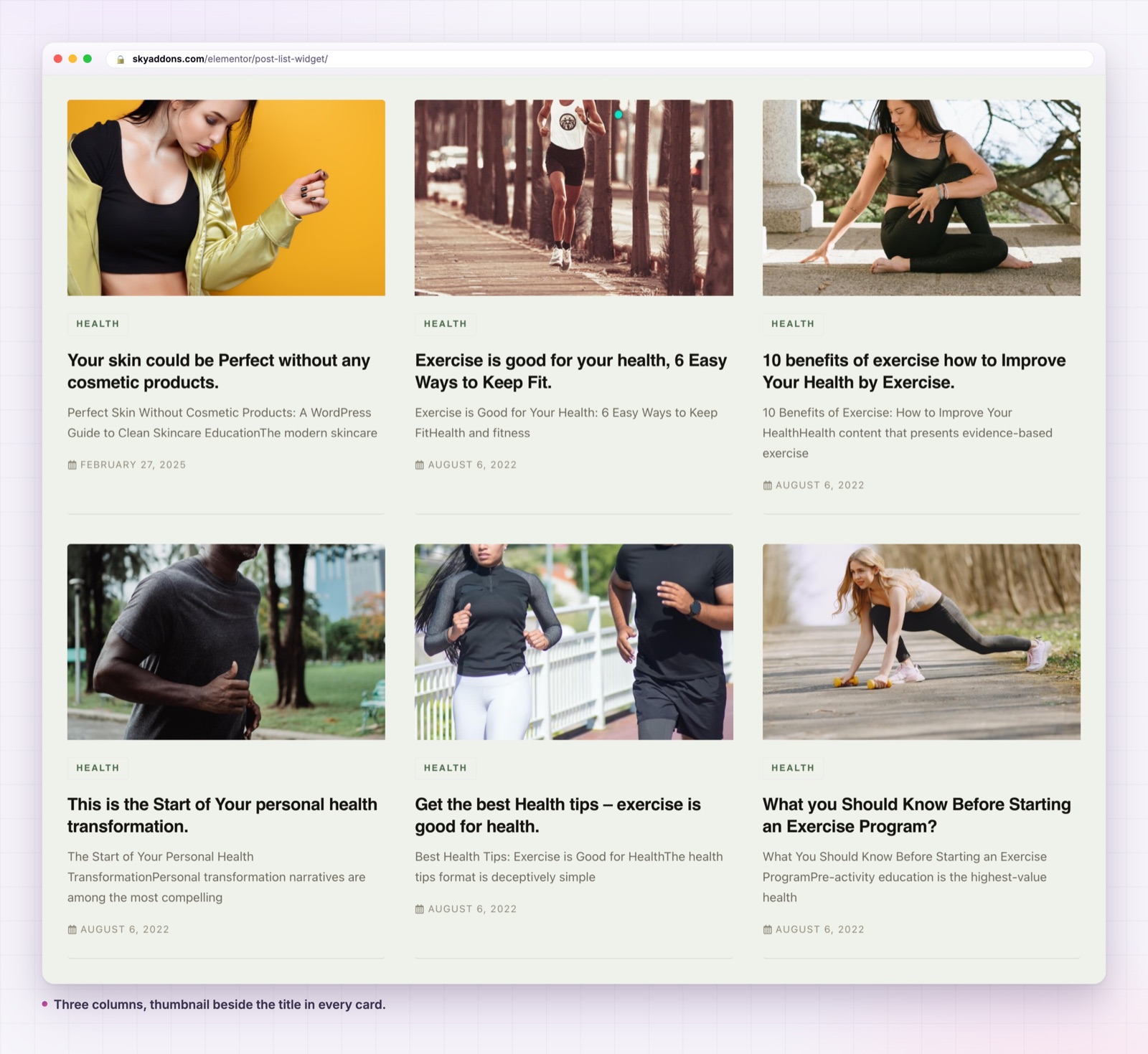 Post list widget in Elementor showing three columns of posts