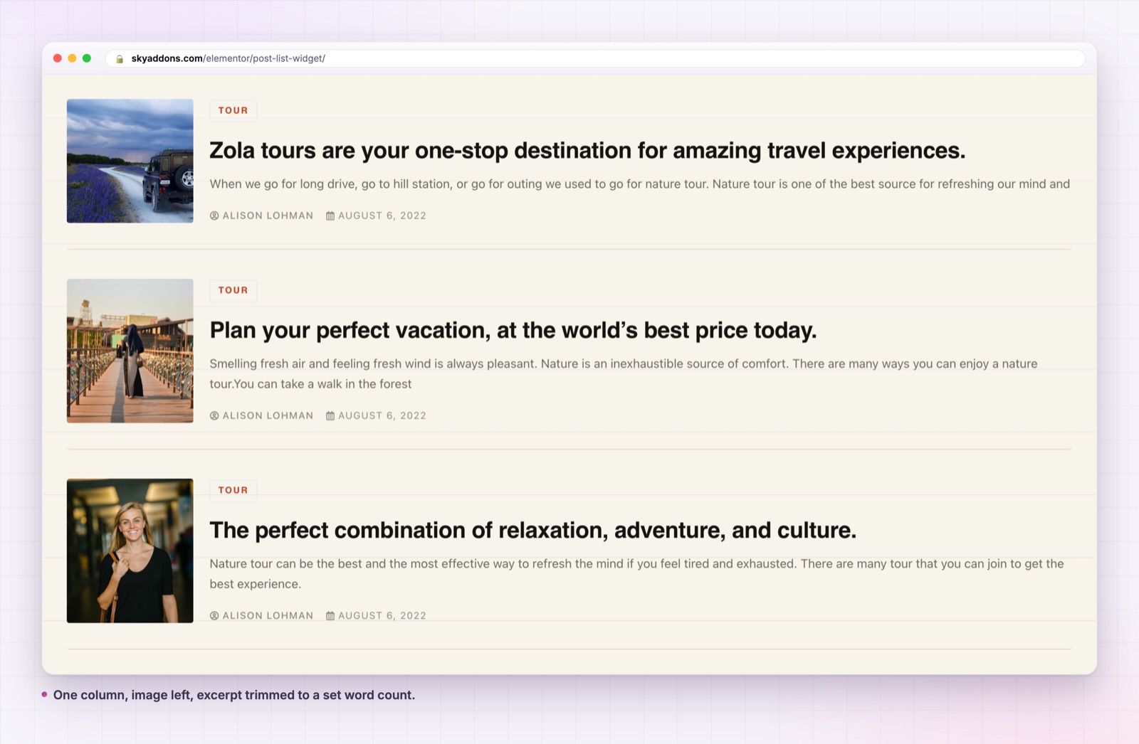 Post list widget in one column with the image beside the text