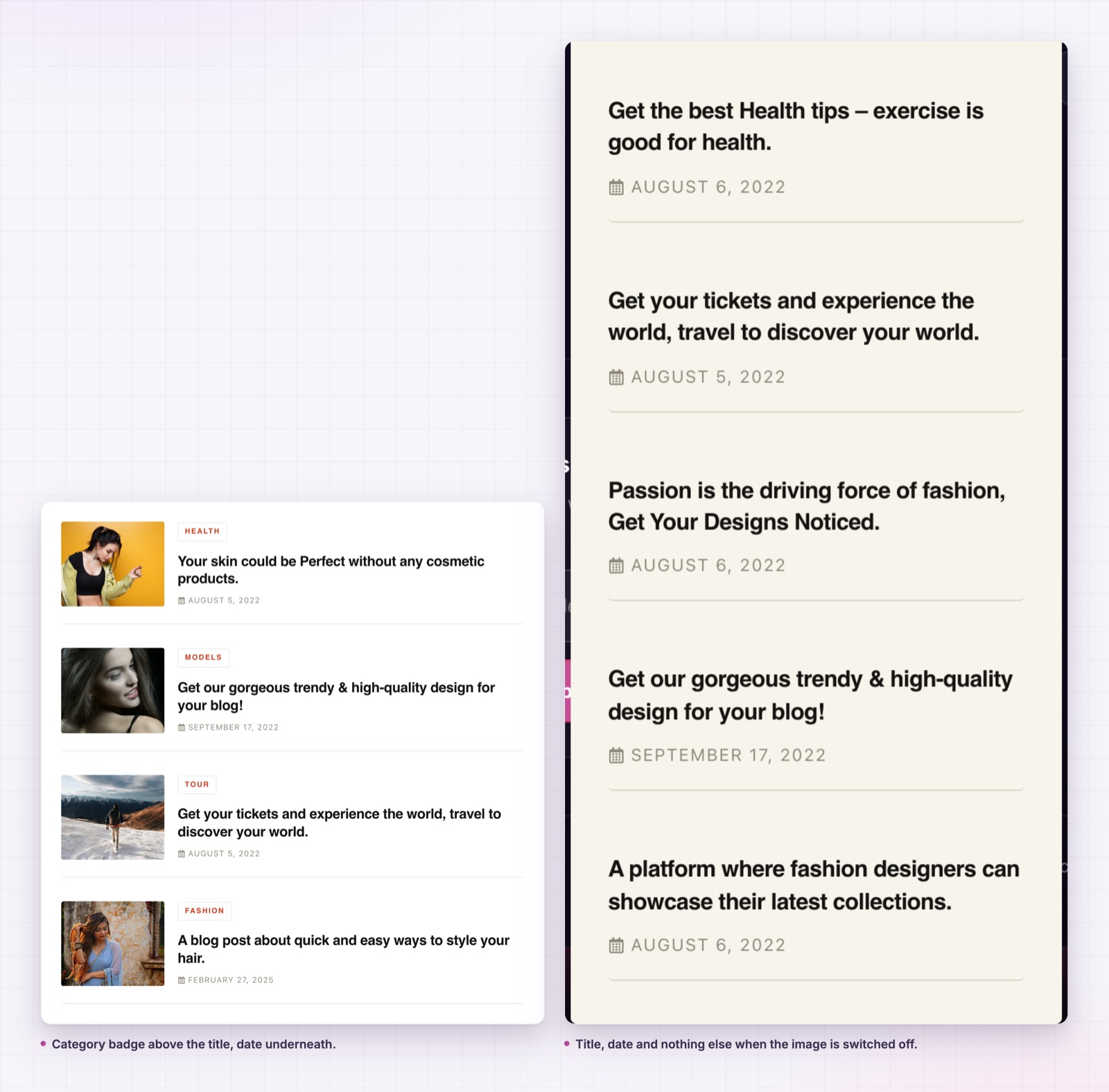 Two post list treatments, category badge and title only