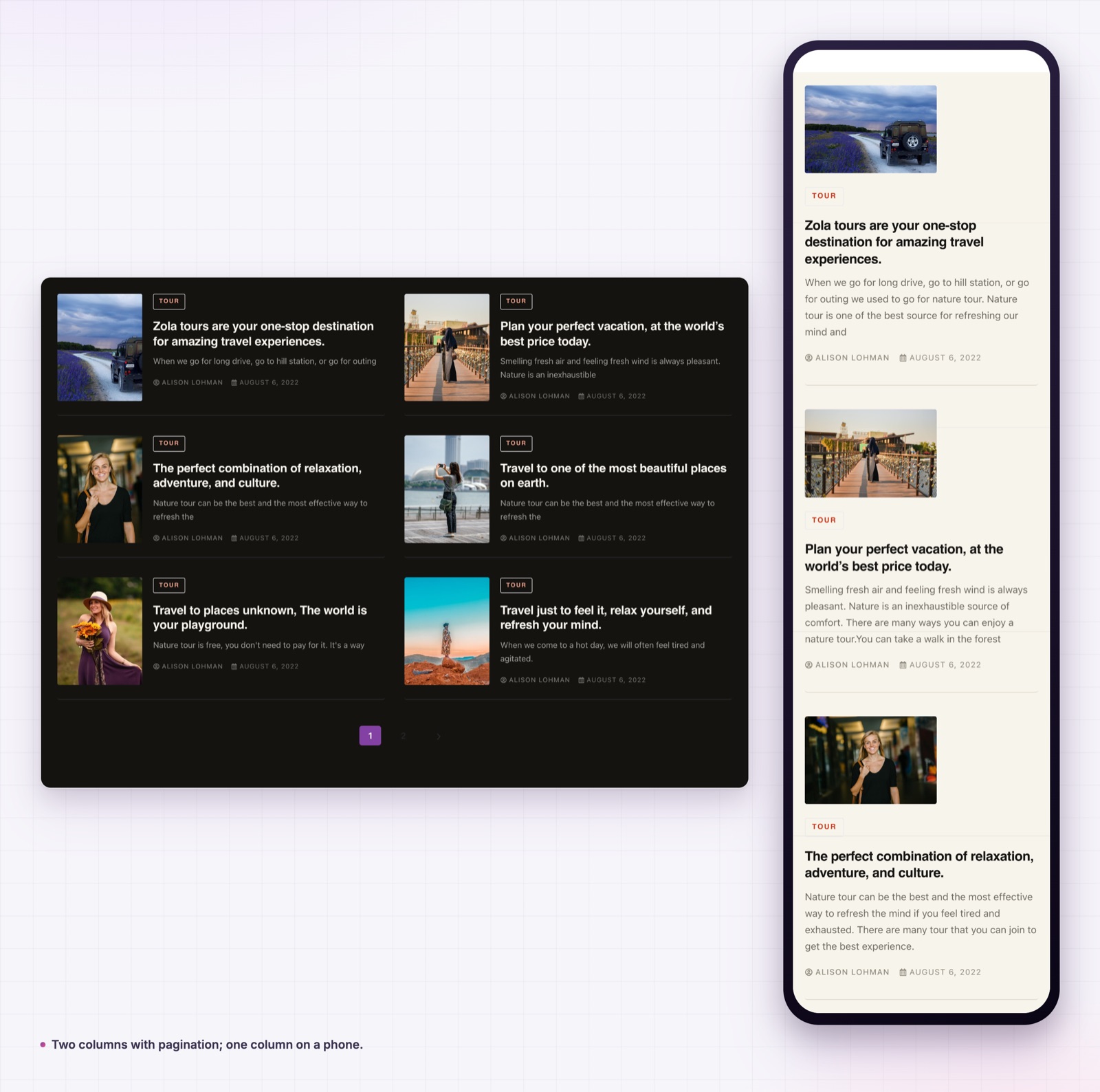 Post list widget on desktop and mobile with pagination