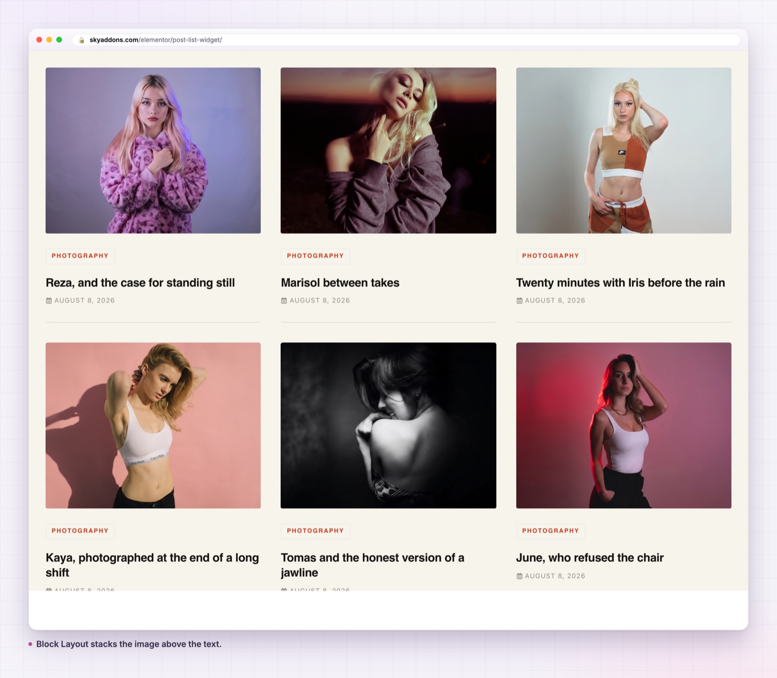 Post list in block layout with the image above the text