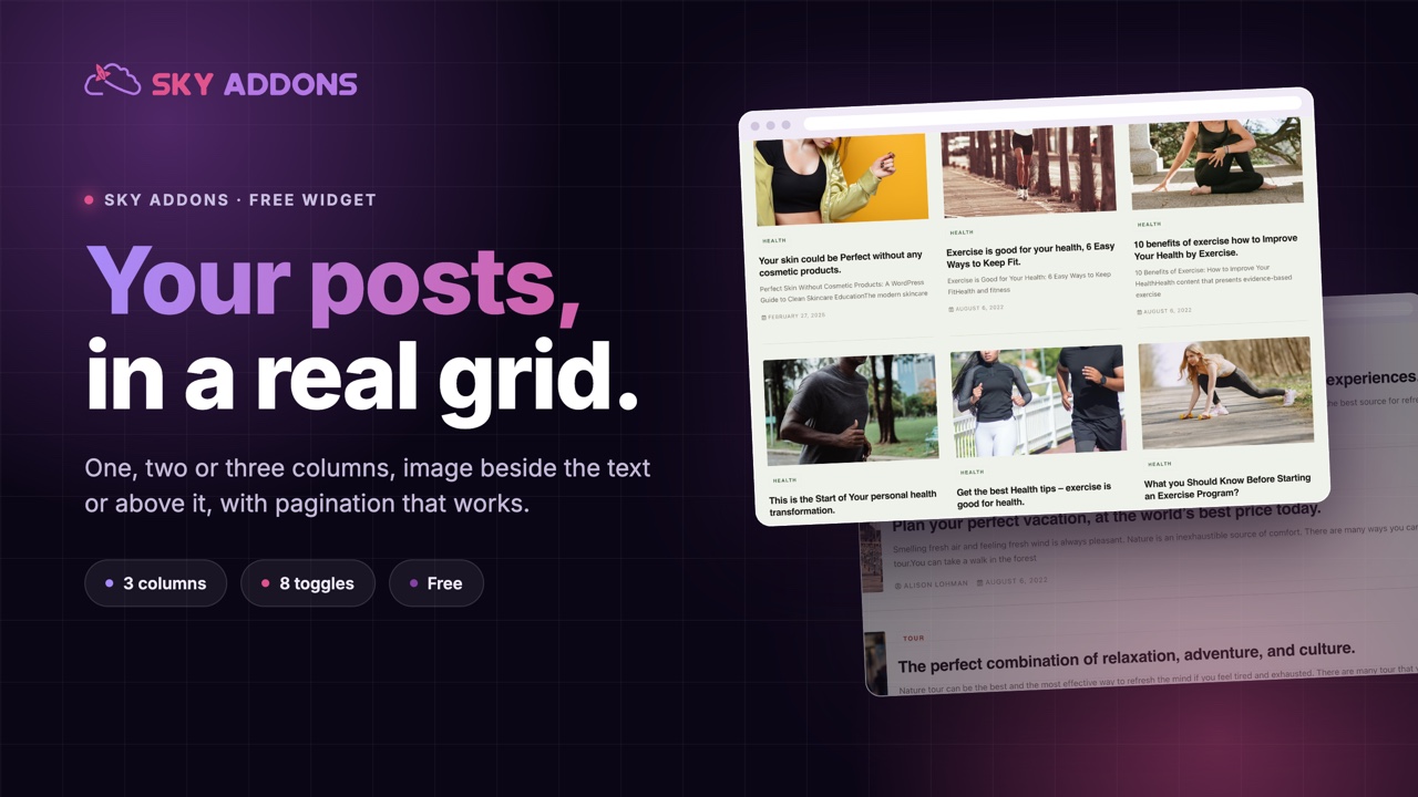 Post list widget for Elementor showing a three column blog feed
