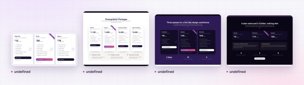 Four Elementor pricing table layouts from the demo page