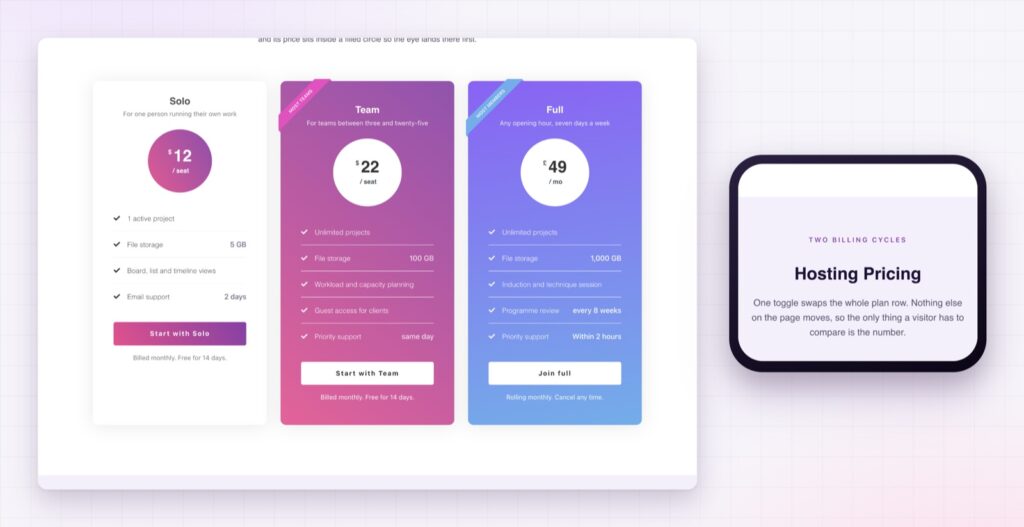 Elementor pricing table on desktop and stacked on a phone