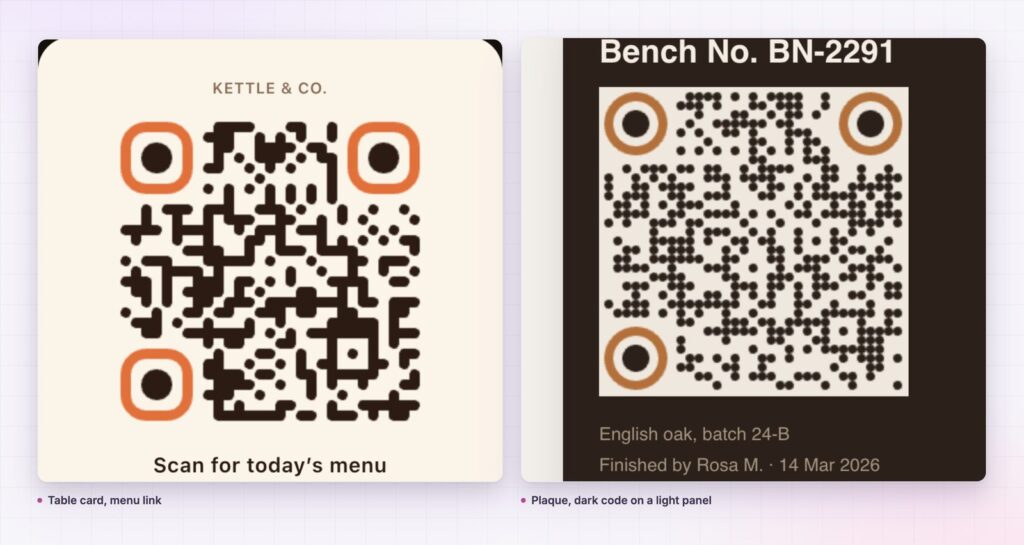 QR code for Elementor on a table card and a workshop plaque