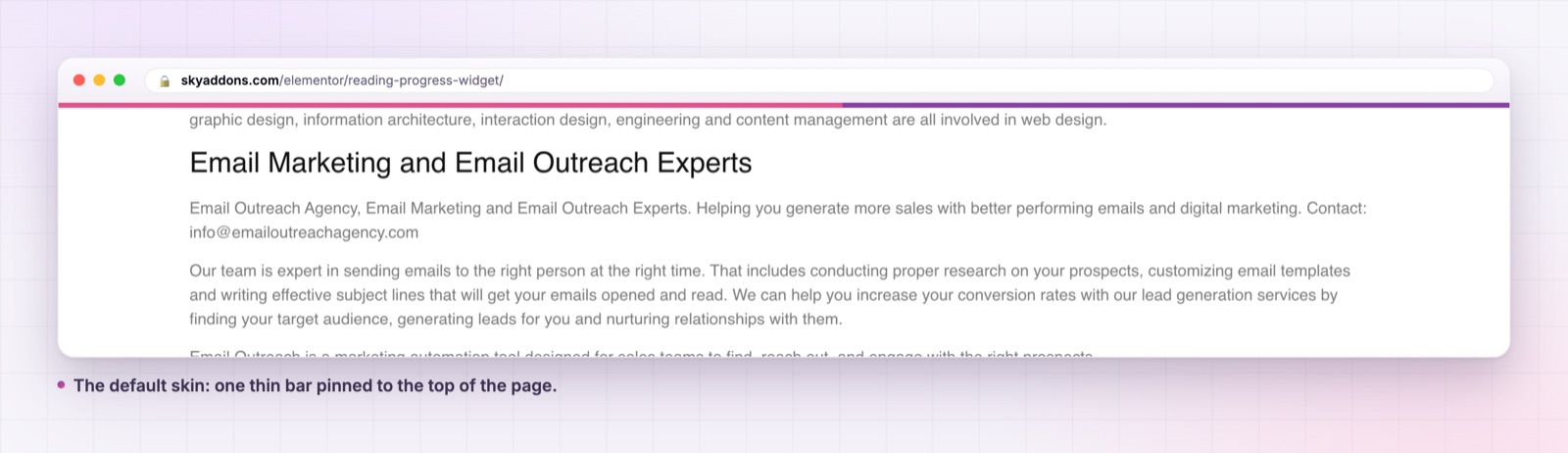 Reading progress bar pinned to the top of an Elementor page