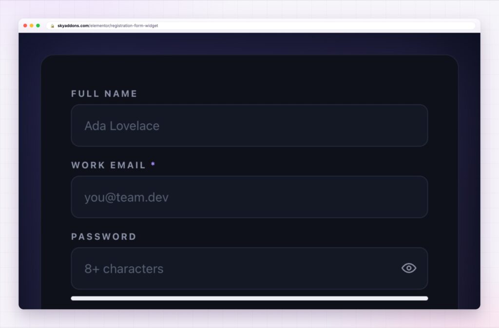 Elementor registration form styled as a branded signup card