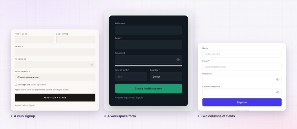 Four Elementor registration form designs from the demo page