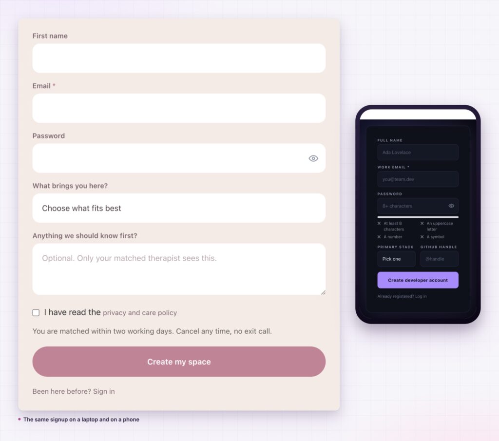 Elementor registration form on desktop and on a phone