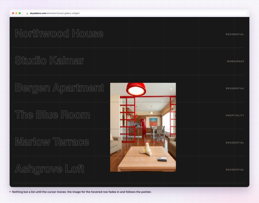 Reveal gallery for Elementor with an image appearing on hover